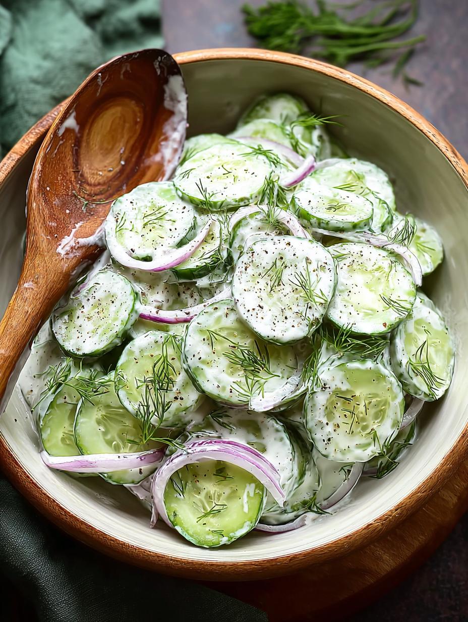 Romige Komkommersalade: Het Ultieme Oma's Recept! 5 Verfrissende Romige Komkommersalade met verse dille en rode ui, perfect als bijgerecht op een zomerse dag