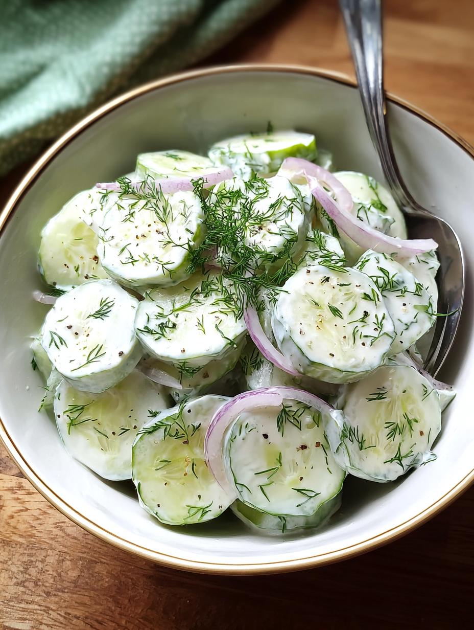 Romige Komkommersalade: Het Ultieme Oma's Recept! 6 Close-up van Romige Komkommersalade met verse dille, klaar om te serveren