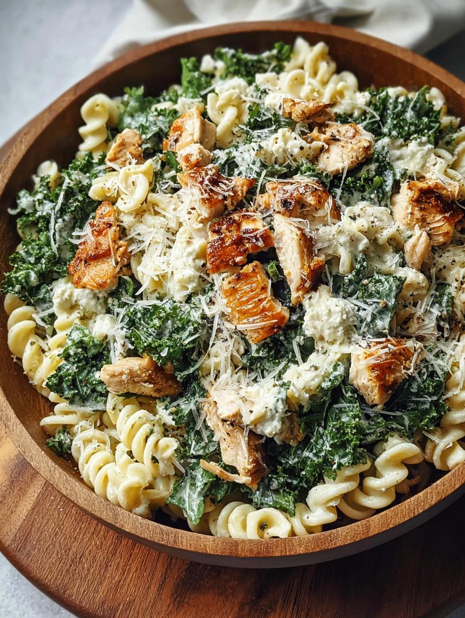 Kale Chicken Caesar Pasta: Super Lekker in 45 Min! 6 Close-up van Kale Chicken Caesar Pasta met verse boerenkool en kip