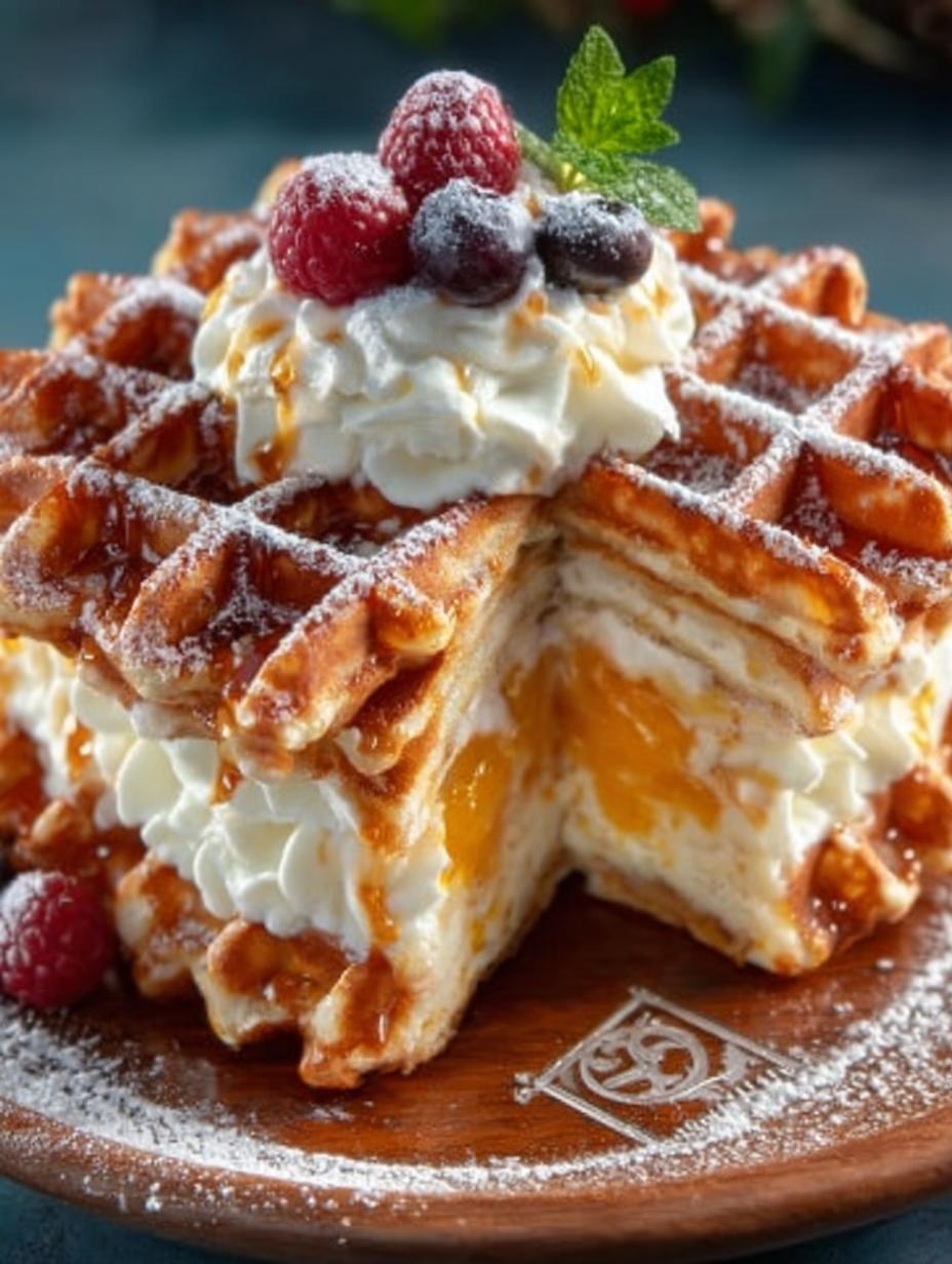 Heerlijke Bake Waffelkuchen met lagen van wafels, mascarponecrème en fruitpuree, klaar om te serveren.