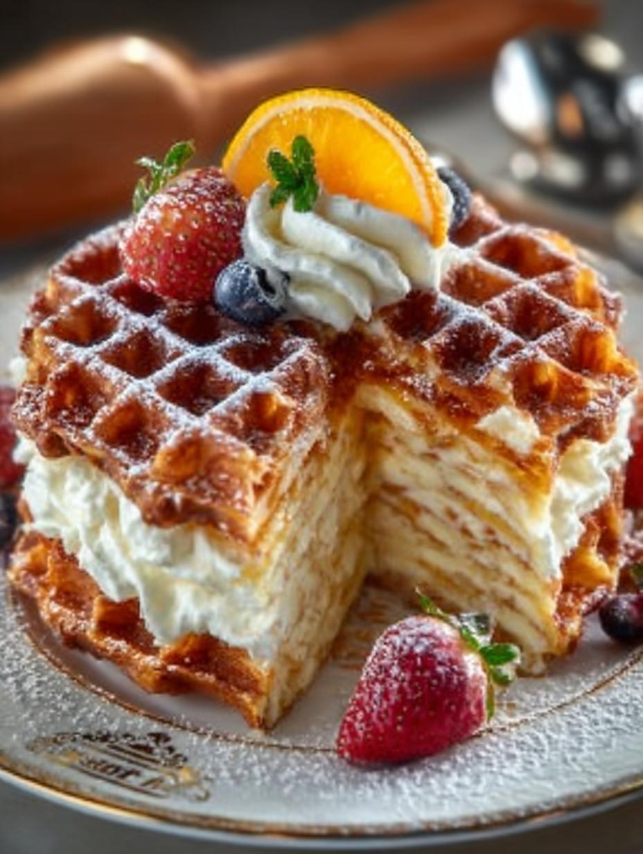 Close-up van een plak Bake Waffelkuchen met zichtbare lagen van wafel, mascarpone en rode fruitpuree.