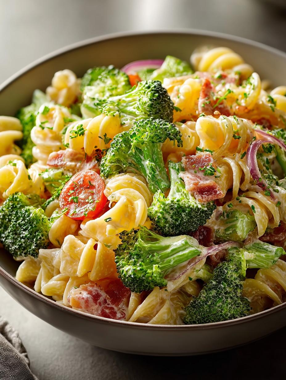 Broccoli Pasta Salade: 20 min. wonder, heerlijk vers! 6 Close-up van een portie Broccoli Pasta Salade met knapperig spek en romige dressing