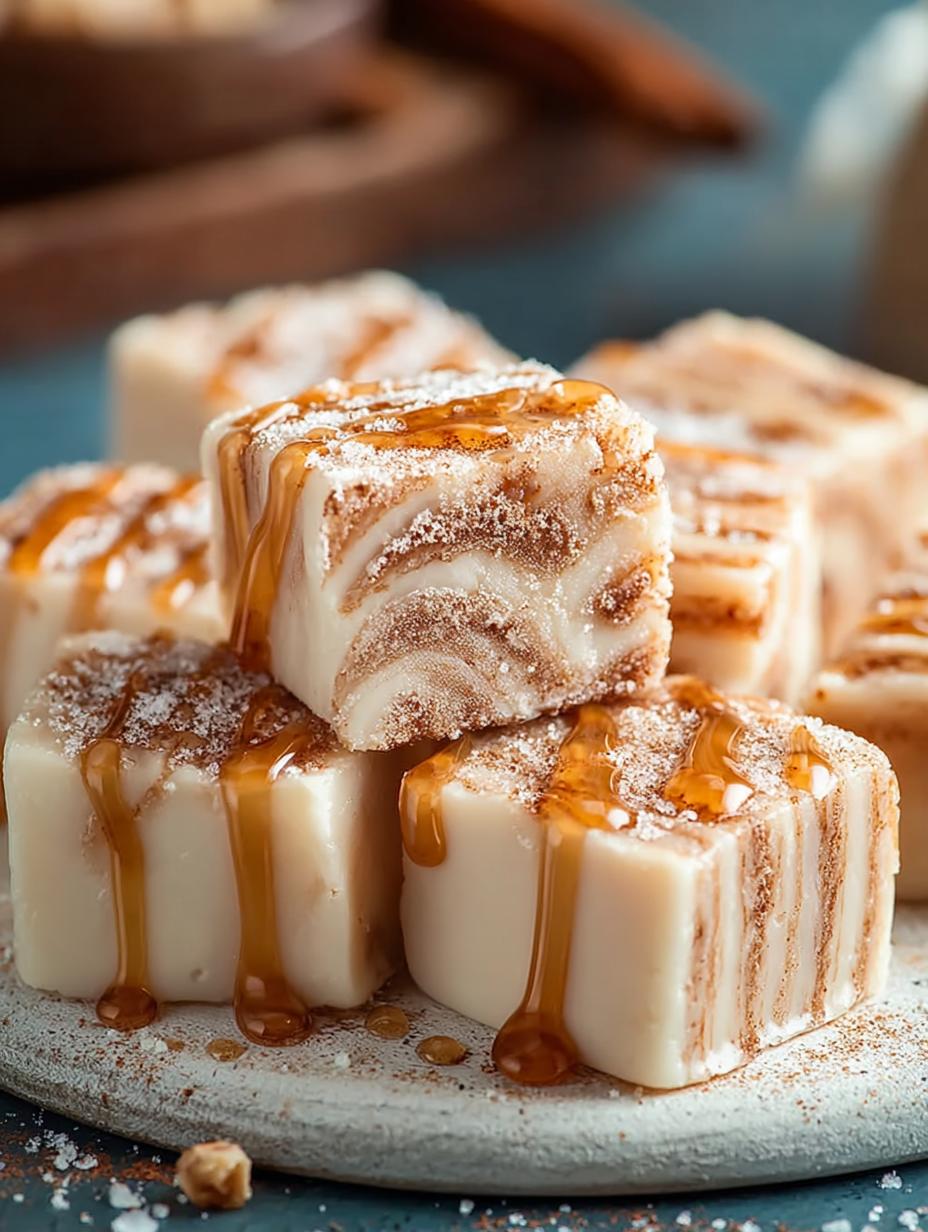 Onweerstaanbare Cinnamon Roll Fudge: Een 4-minuten Wonder! - Close-up van een stukje Cinnamon Roll Fudge met glazuur en kaneel