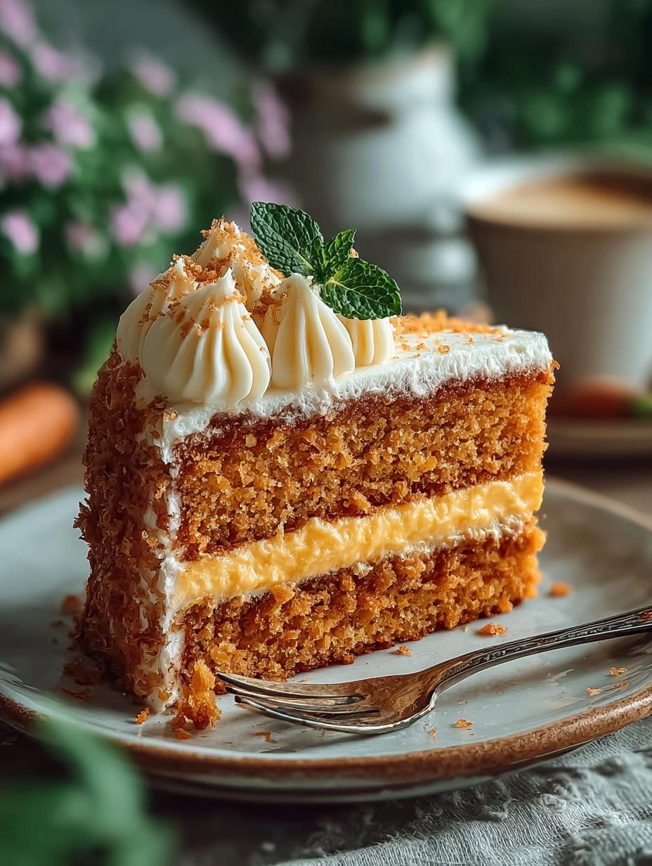 Goldener Brasilianischer Karottenkuchen: Een Wonder van Smaak - Goldener Brasilianischer Karottenkuchen - een plak cake met romige topping op een bord