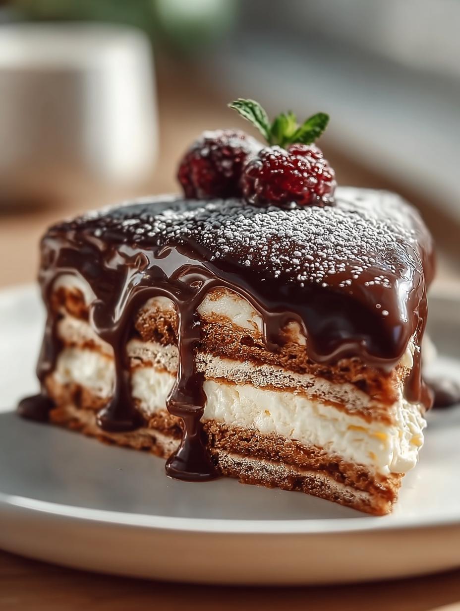 Heerlijke Kalter Puddingkekskuchen met romige chocoladeganache en knapperige koekjes