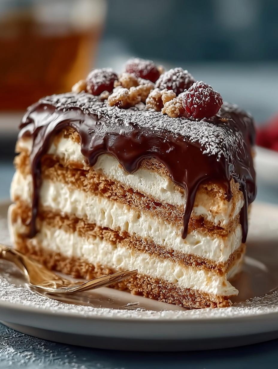 Gesneden plak Kalter Puddingkekskuchen met lagen pudding, koekjes en chocolade