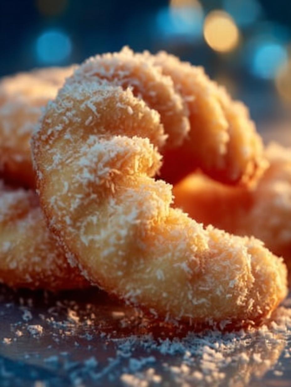 Heerlijke Kokos Sahnekipferl Met Suchtgefahr vers gebakken en bestrooid met poedersuiker