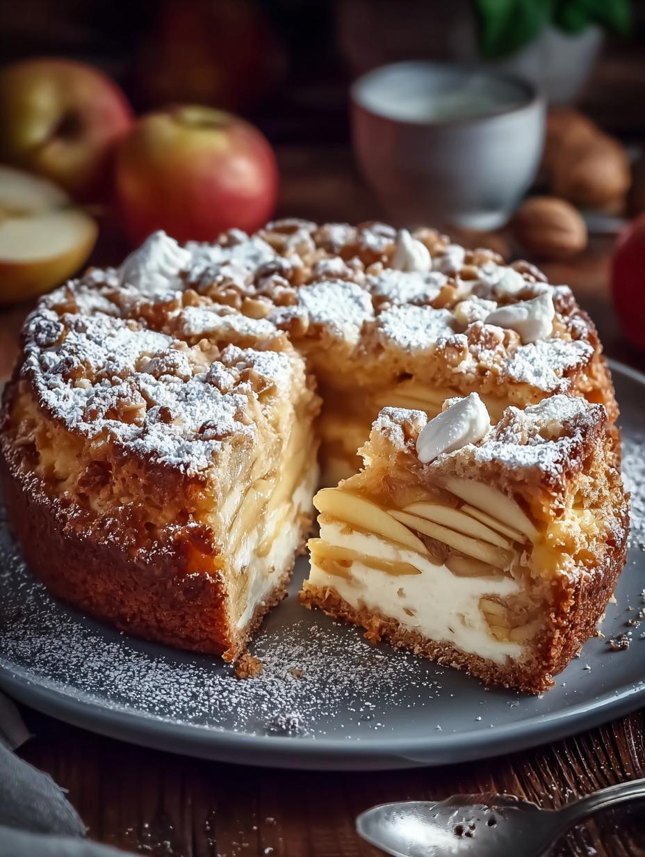 Heerlijke Kuchenliebe Pur Apfel Nusskuchen met romige vanillecrème en verse appels, klaar om geserveerd te worden