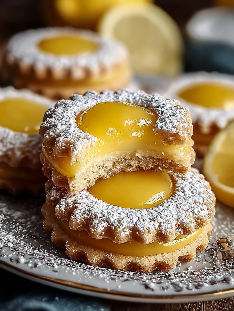 Versgebakken Lemon Curd Cookies met een inkeping gevuld met heldere citroenkwark, klaar om te worden bestrooid met poedersuiker.