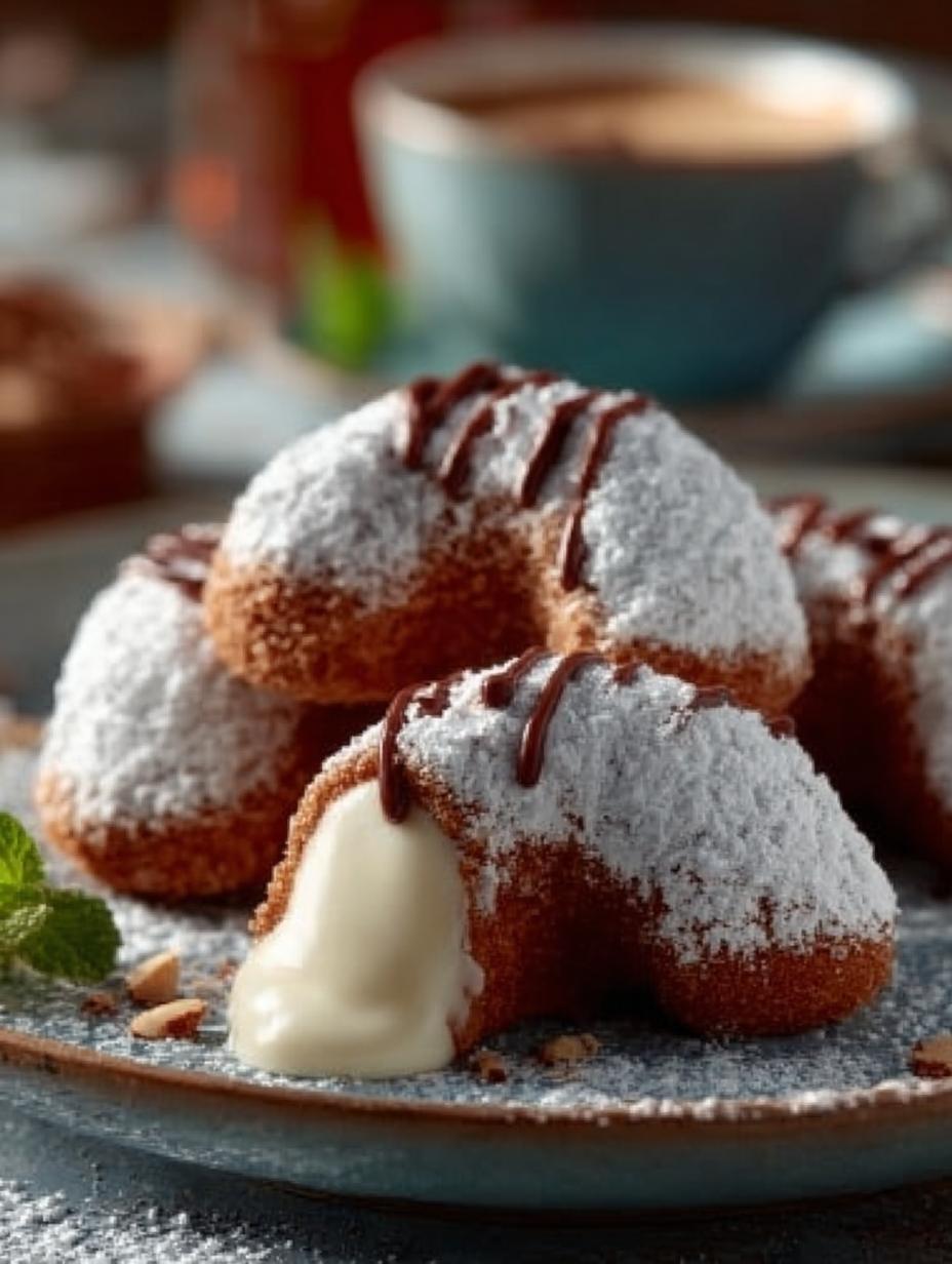 Heerlijke Nougat Kipferl Leckere Weihnachtsplatzchen, versgebakken en bestrooid met poedersuiker, klaar om van te genieten