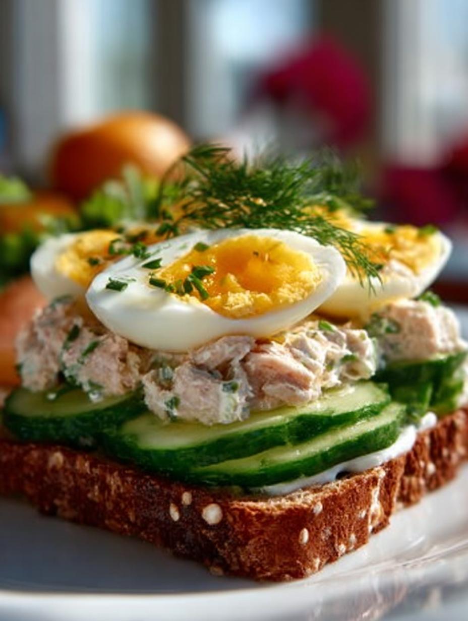 Thunfisch Sandwich Mit Und: 1 heerlijke lunchhit - Een vers bereide Thunfisch Sandwich Mit Und met romige vulling en knapperige komkommer, klaar om te eten.