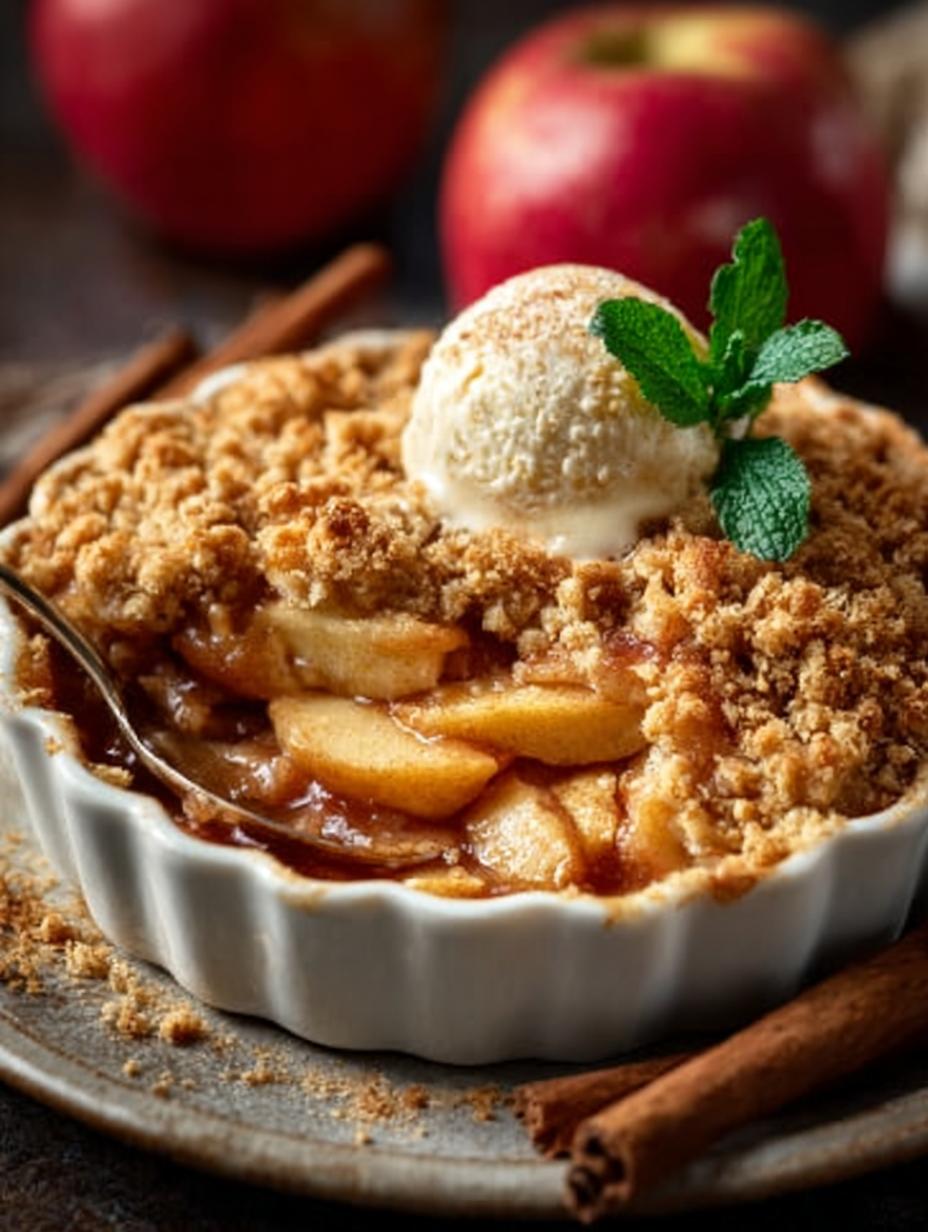 Close-up van de knapperige, goudbruine topping van Apfel Zimt Crumble Warmend, met een hint van de zachte appelvulling eronder