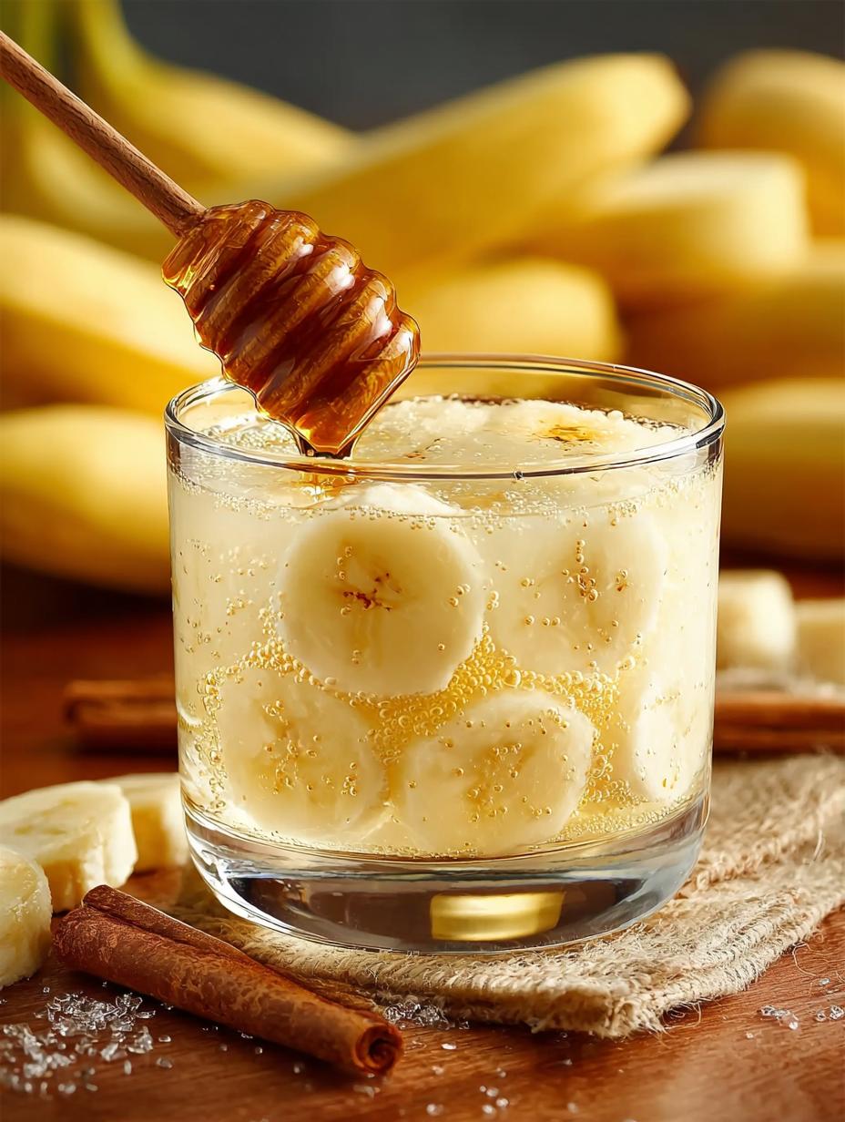 Verfrissende Bananen Honig Water Mix in een glas met rijp fruit op de achtergrond, perfect voor een gezonde traktatie.