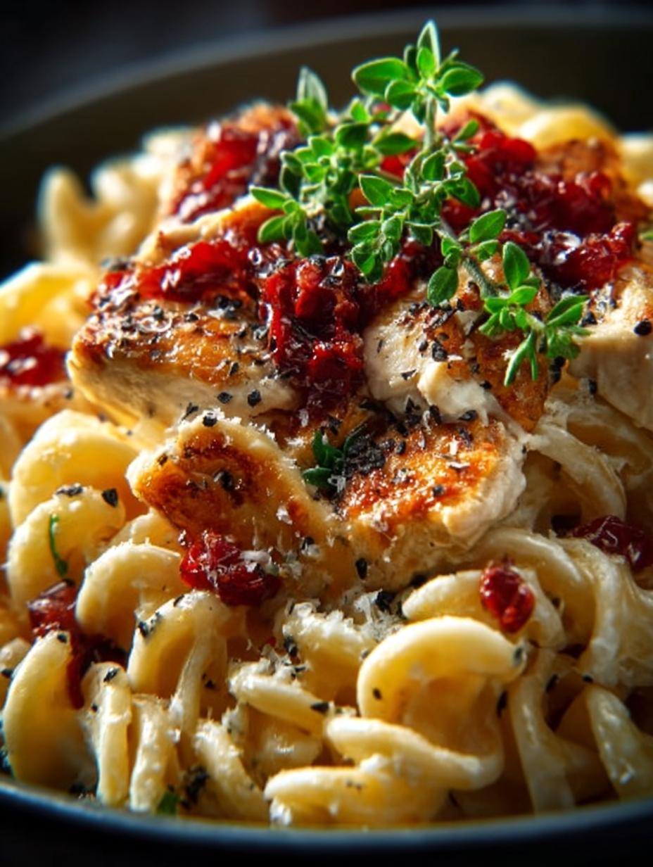 Heerlijke Brie Pasta Mal Anders met romige saus, kip en verse spinazie in een diep bord