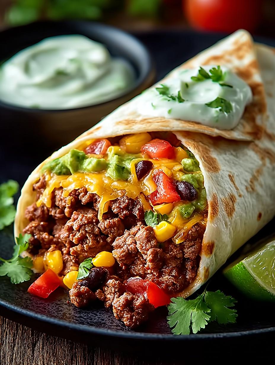 Een close-up van een perfect gevulde Burritos Met Hackfleisch, met zichtbare lagen van gehakt, sla en tomaat