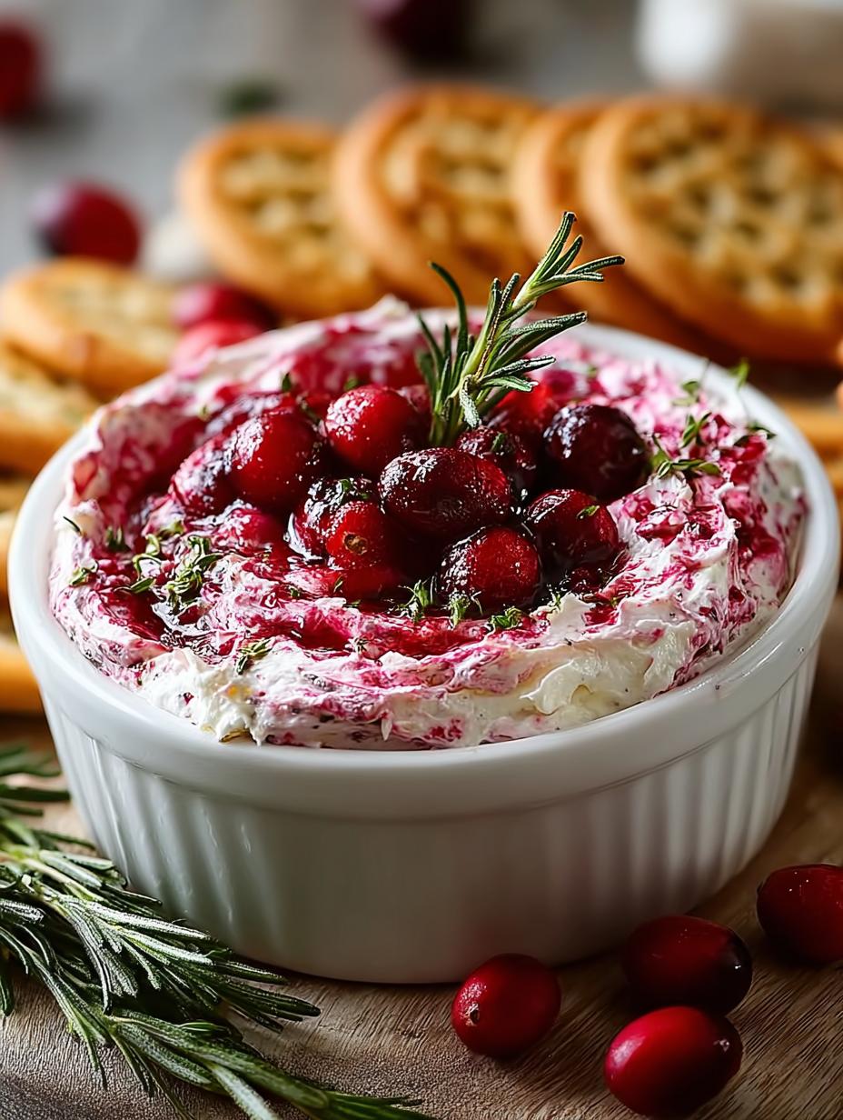 Close-up van Cranberry Crème Kaas Dip geserveerd met diverse crackers en verse rozemarijn