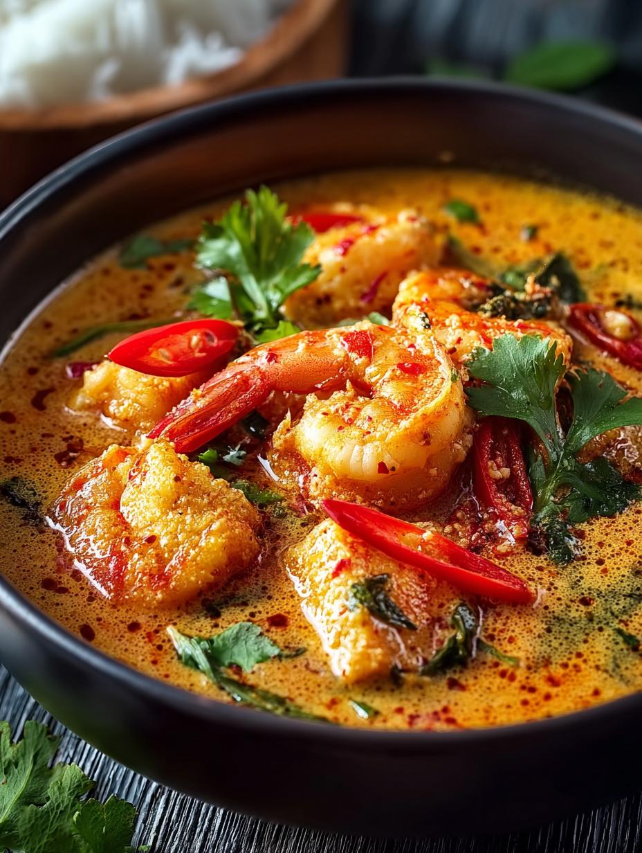 Verrukkelijk Cremiges Kokos Curry Mit garnalen geserveerd met jasmijnrijst en verse koriander