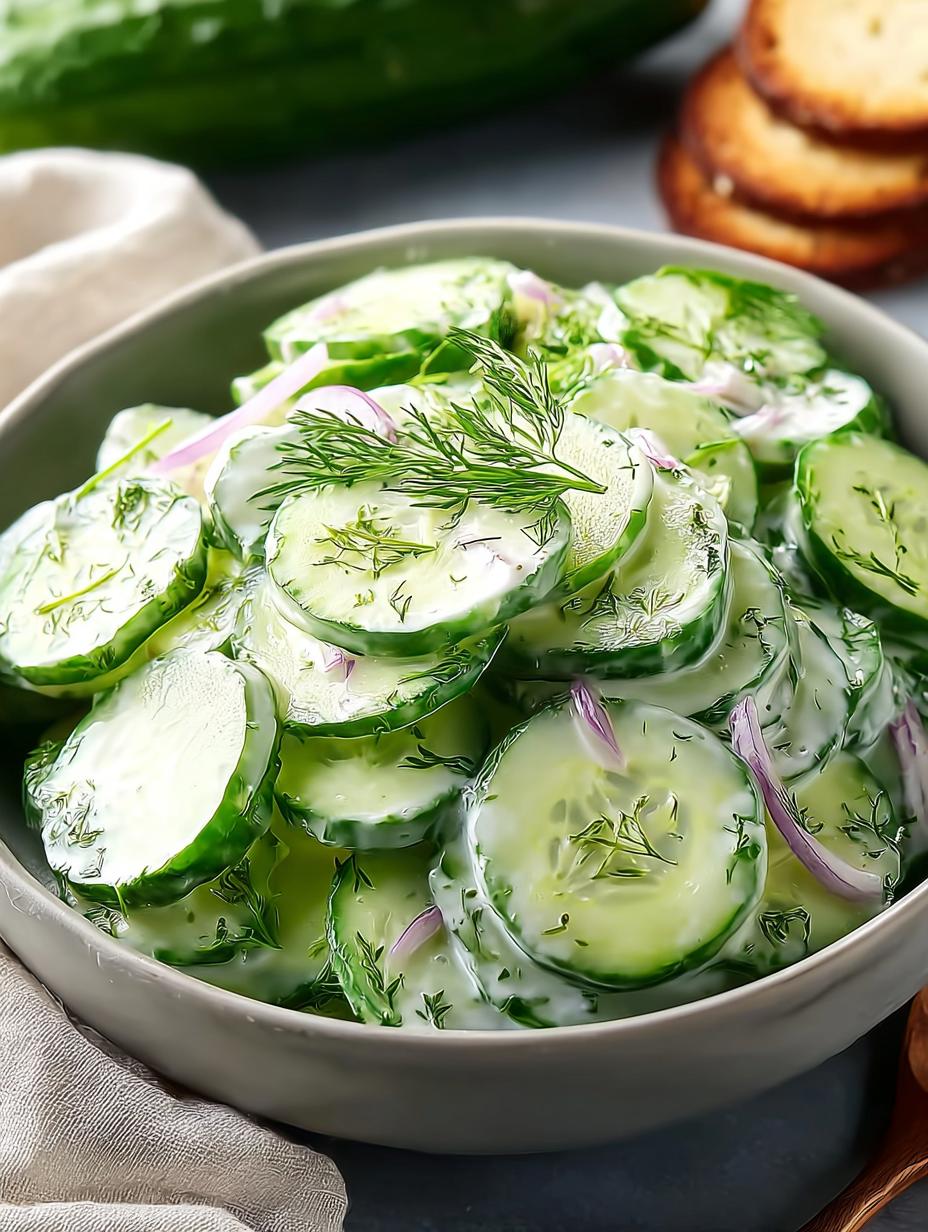 Komkommer Dille Salade: Jouw Meesterlijke 10-Minuten Genot 5 Verfrissende Komkommer Dille Salade met romige dressing in een witte kom