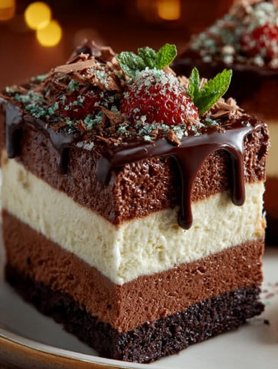 Heerlijke Dreischichtige Schokoladenmousse Torte met perfecte lagen, klaar om te serveren