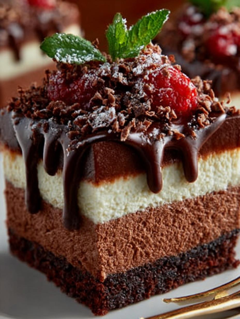 Close-up van een plak Dreischichtige Schokoladenmousse Torte met perfecte lagen en cacaobestuiving