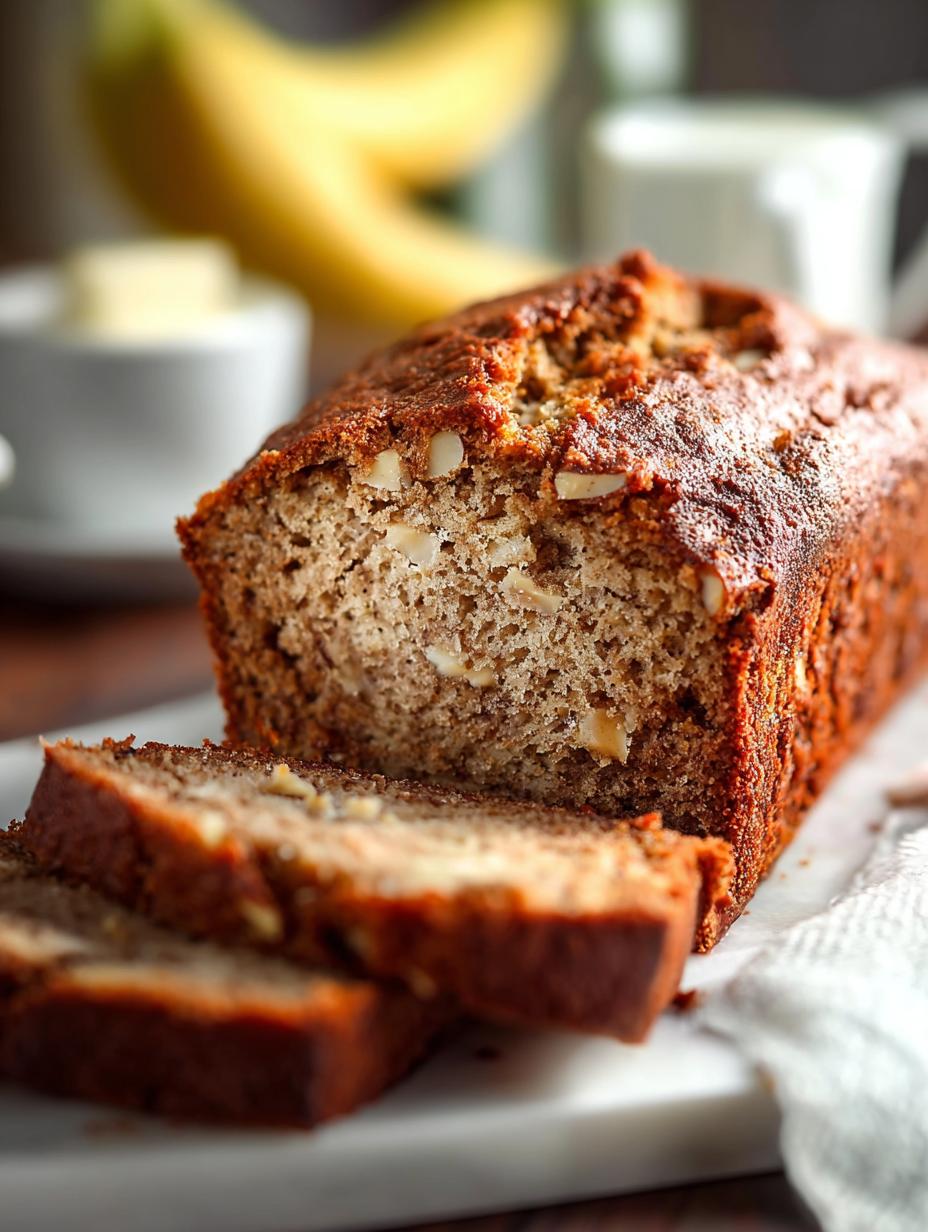 Heerlijk smeuïg eiloos bananenbrood, vers uit de oven, gesneden op een houten plank, perfect voor een gezonde traktatie.