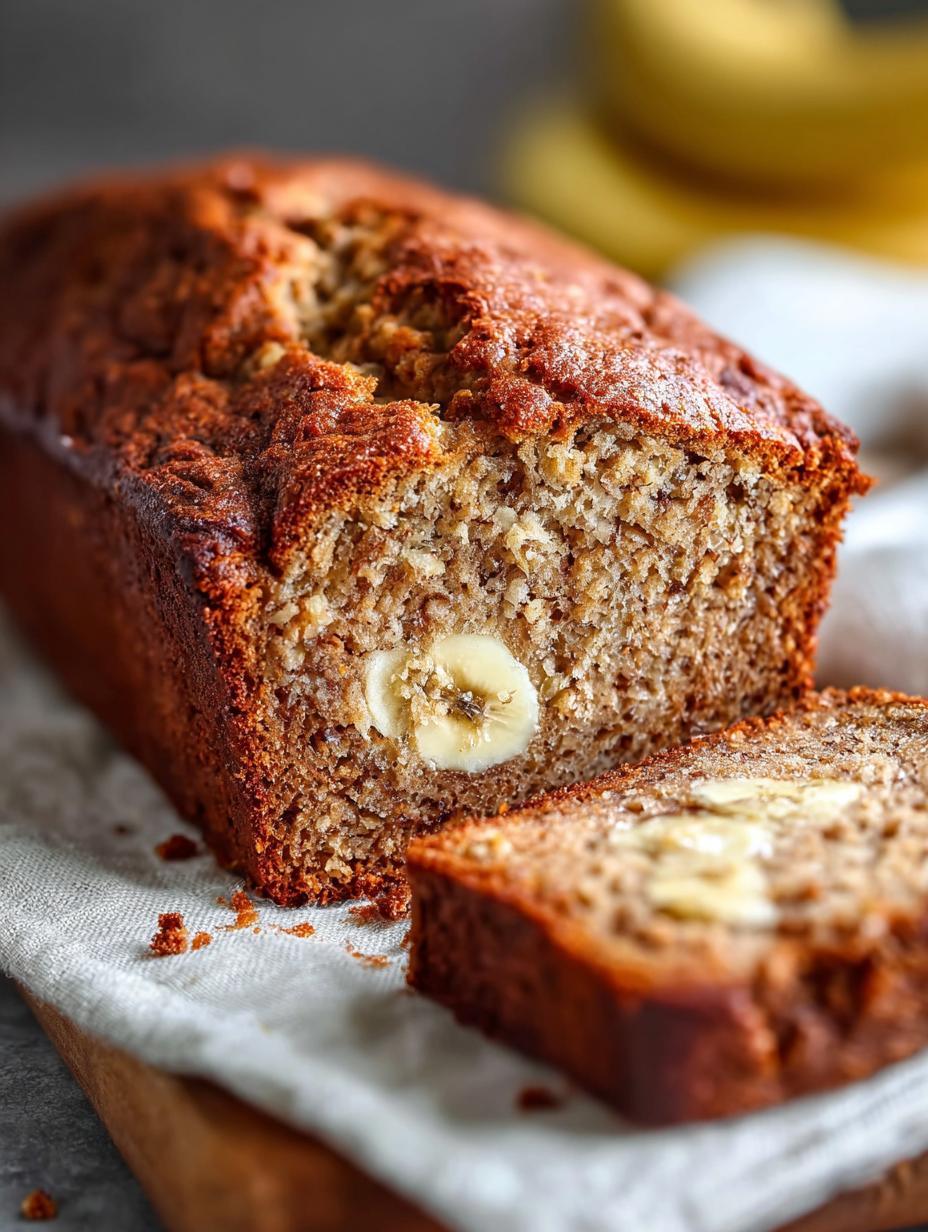Close-up van een plak eiloos bananenbrood met een perfecte, vochtige textuur en kleine stukjes banaan, klaar om te serveren.