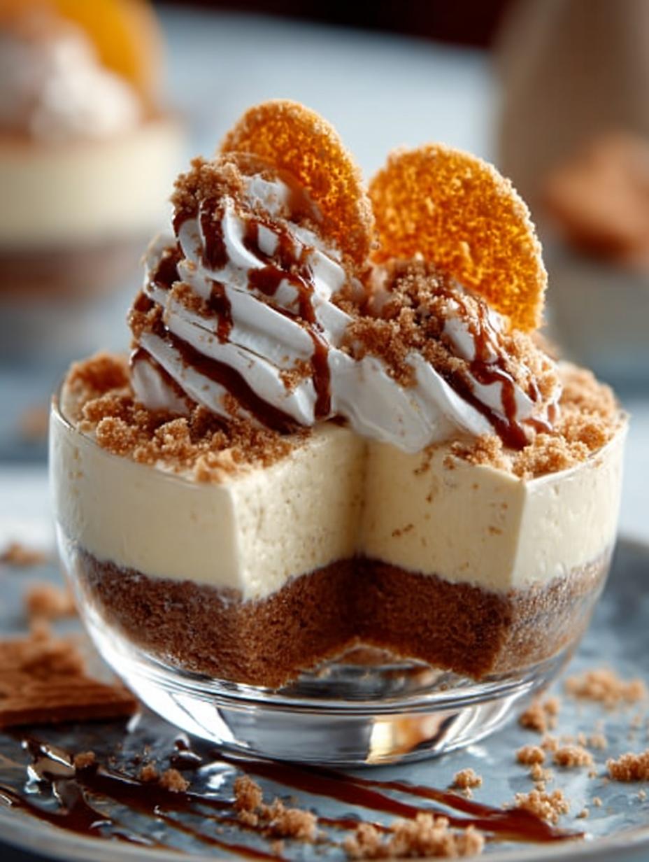 Close-up van Eierlikor Mousse Mit Spekulatius in een dessertglas, met zichtbare lagen van mousse en speculaaskruimels