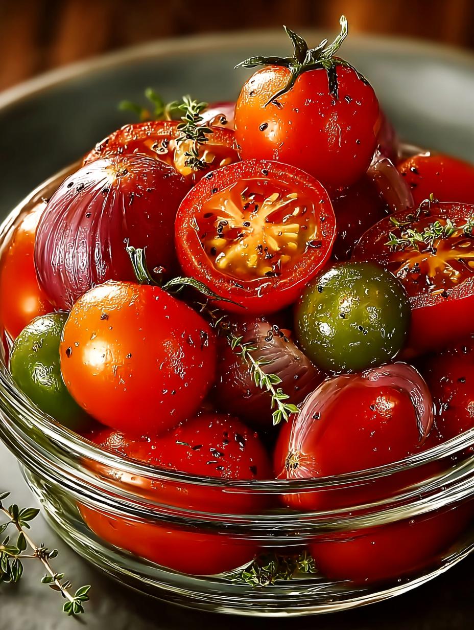 Close-up van Eingelegte Kirschtomaten Rote Zwiebeln in een kom, klaar om te eten