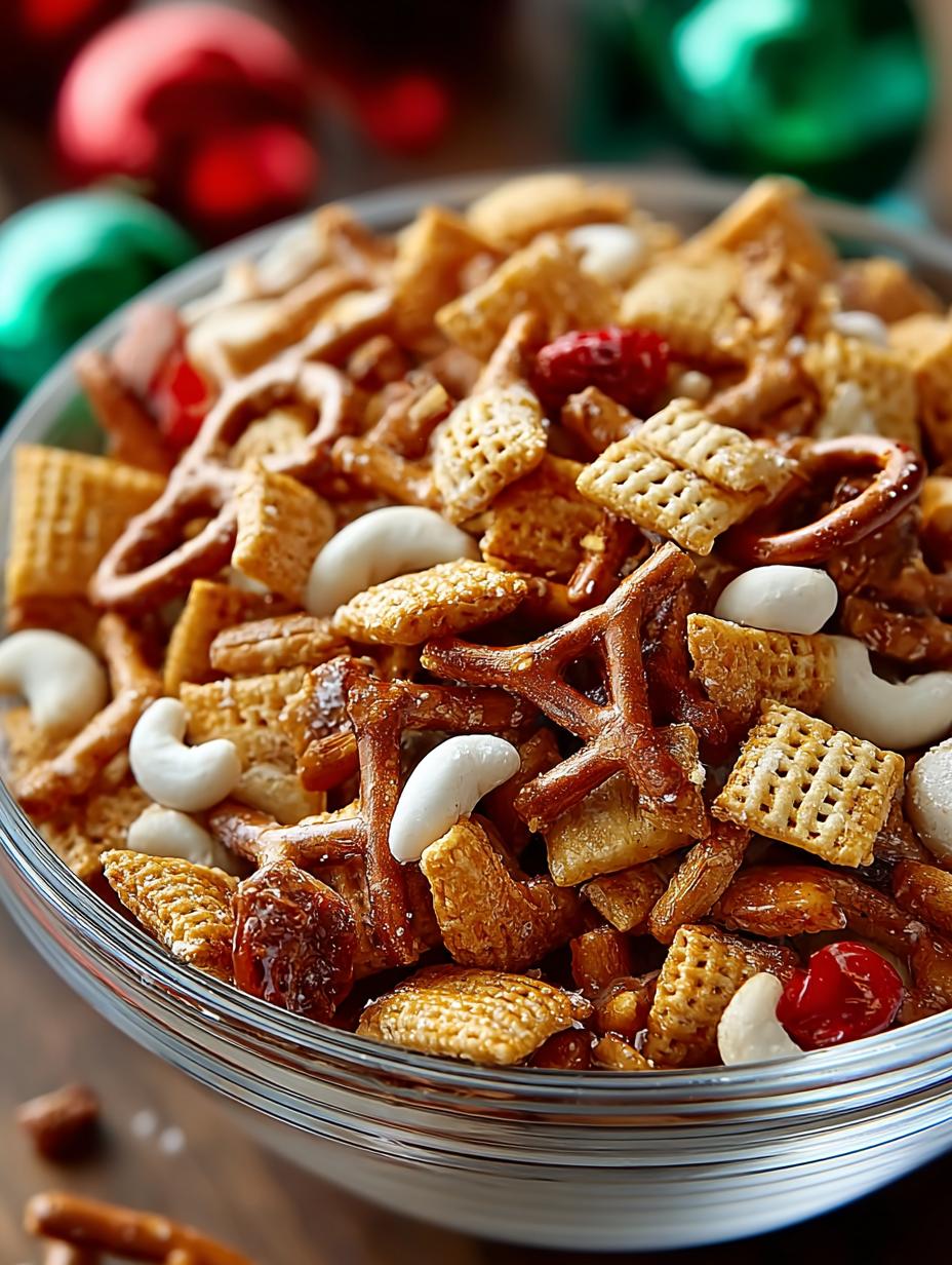 Geniale Elf Snack Mix: 15 min. feestplezier! - Close-up van de Elf Snack Mix in een kom, met de textuur van de pretzels, marshmallows en M&M's duidelijk zichtbaar.