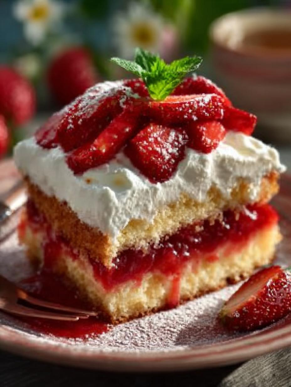 Onweerstaanbare Erdbeer Fanta Kuchen met glanzende aardbeien topping, klaar om te serveren