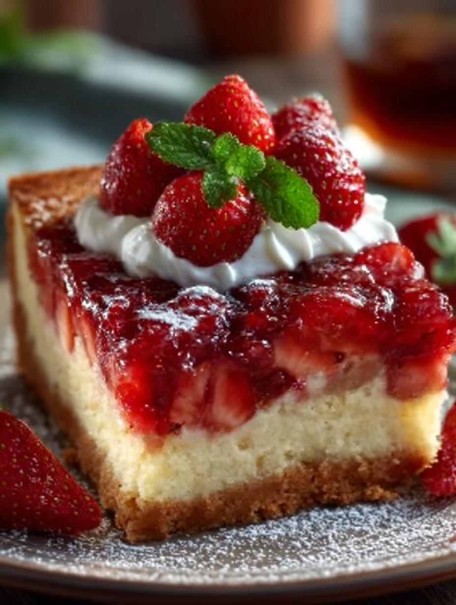 Plak van Erdbeer Fanta Kuchen met slagroom en verse aardbeien op een bord