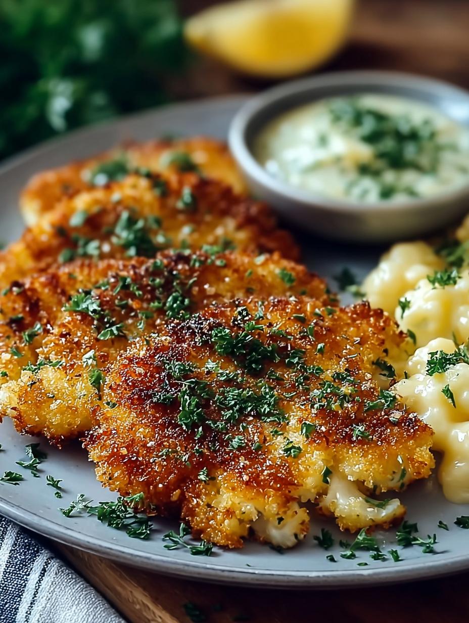 Close-up van Fantastische Blumenkohl Schnitzel met Parmezaanse korst en verse kruiden