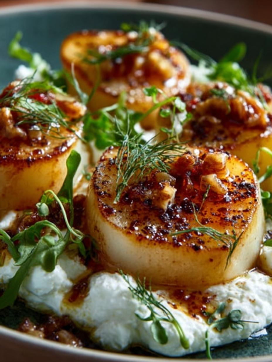 Close-up van Gebratene Birnen Mit Mascarpone, met romige mascarpone en geroosterde noten, klaar om te serveren