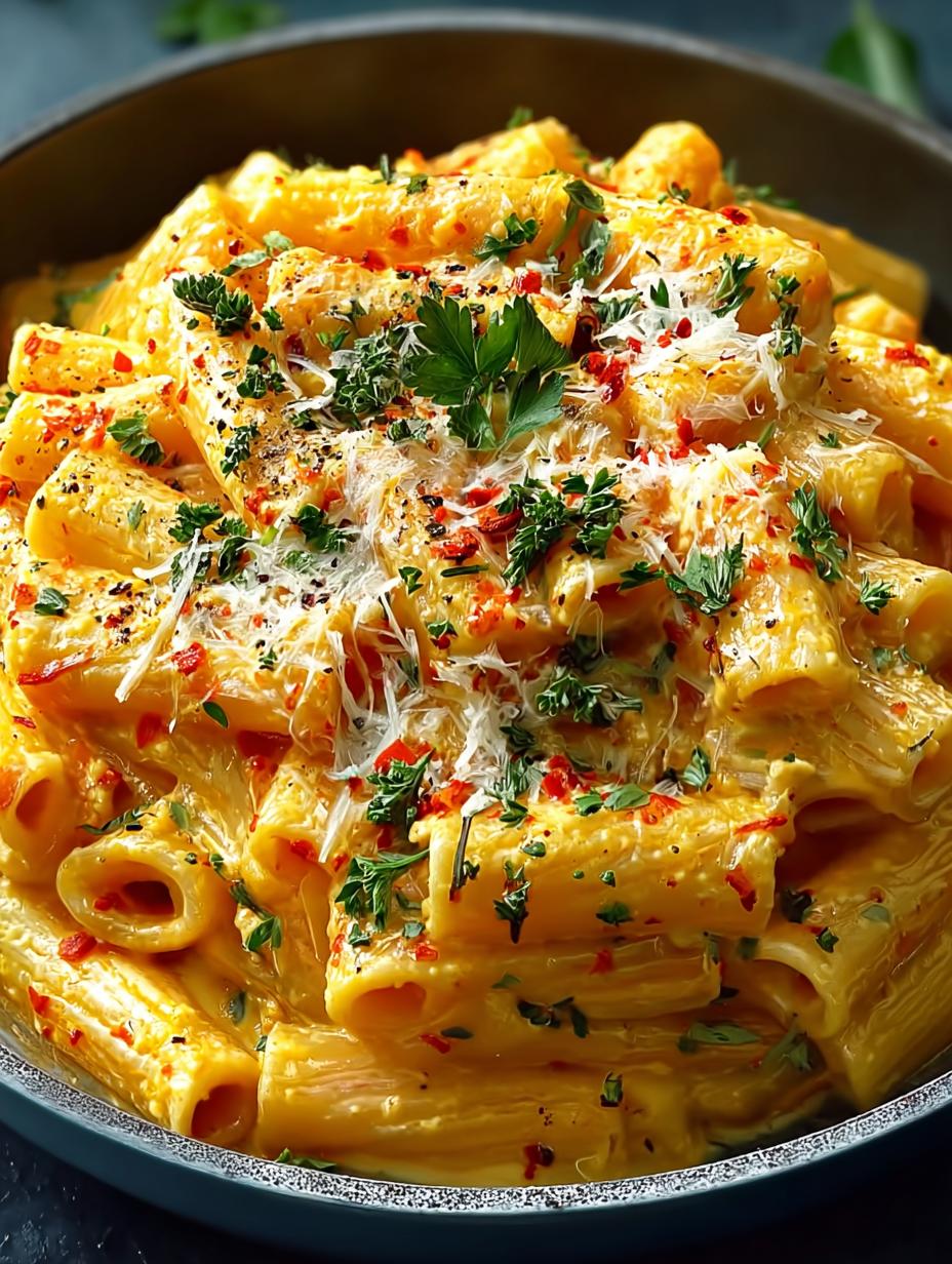 Close-up van Gigi Hadid Pasta met romige saus en verse peterselie