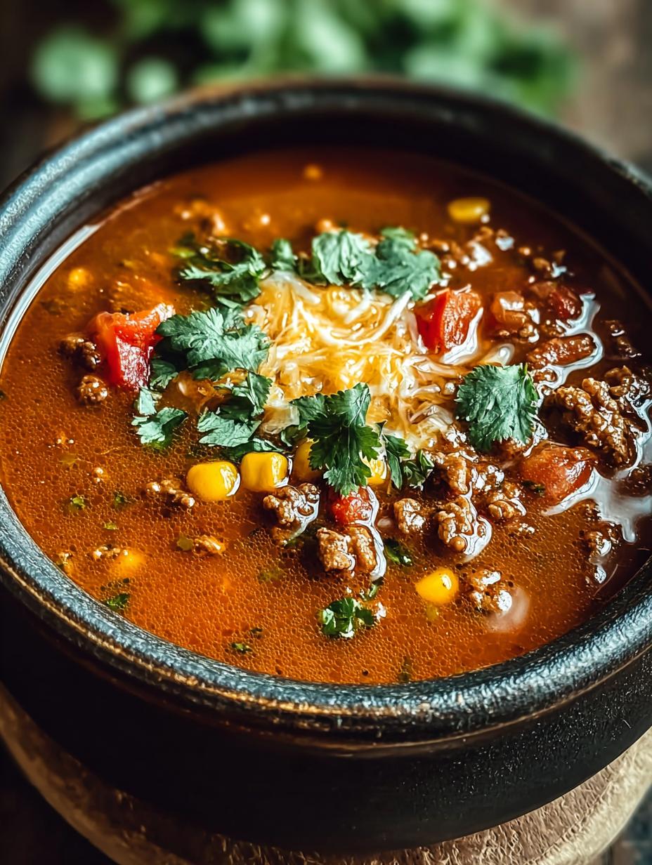 Close-up van een kom Ground Beef Enchilada Soup met gesmolten kaas en verse koriander, klaar om te serveren.