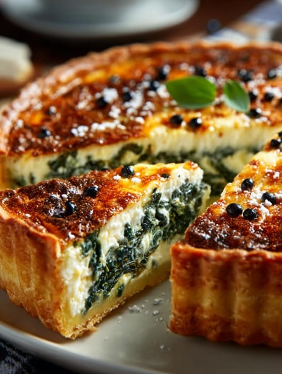 Huttenkase Spinat Quiche: Een Ongelooflijk Feest! 6 Plakken van Huttenkase Spinat Quiche geserveerd met een frisse salade op een houten tafel