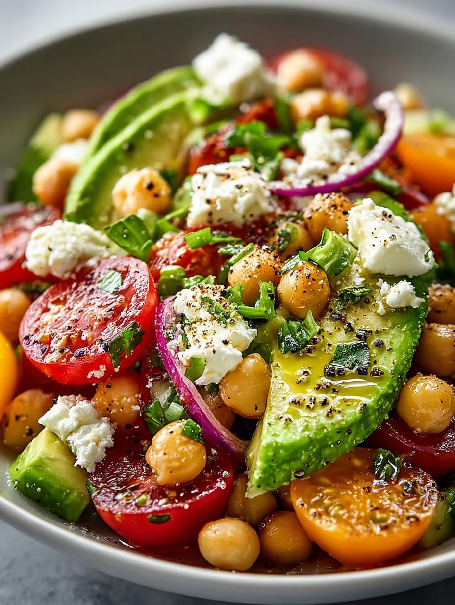 Levendige Kichererbsen Feta Avocado Salat in een witte kom, klaar om te serveren, met verse peterselie garnering.