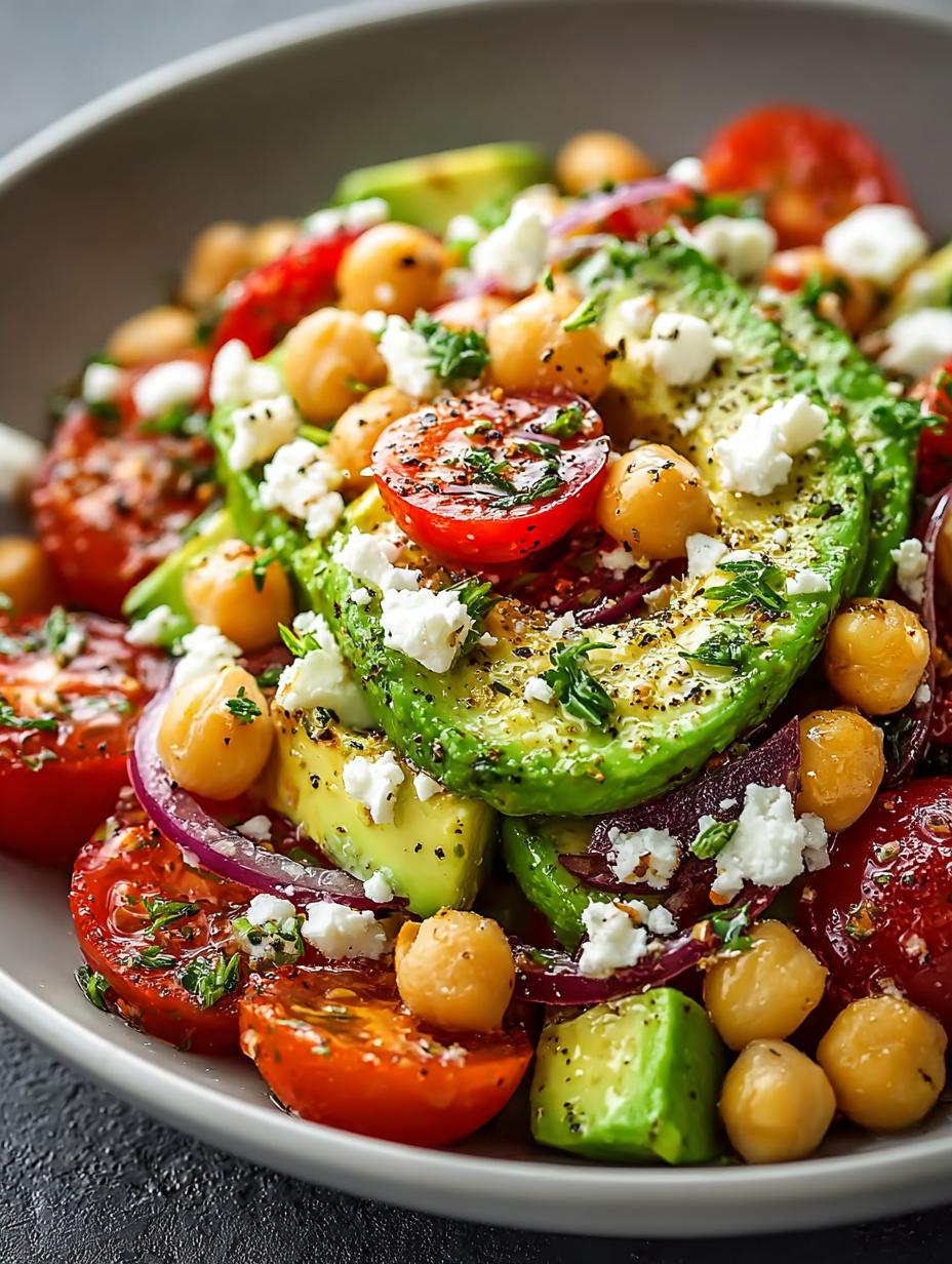 Close-up van een portie Kichererbsen Feta Avocado Salat, met zichtbare blokjes avocado en verkruimelde feta.