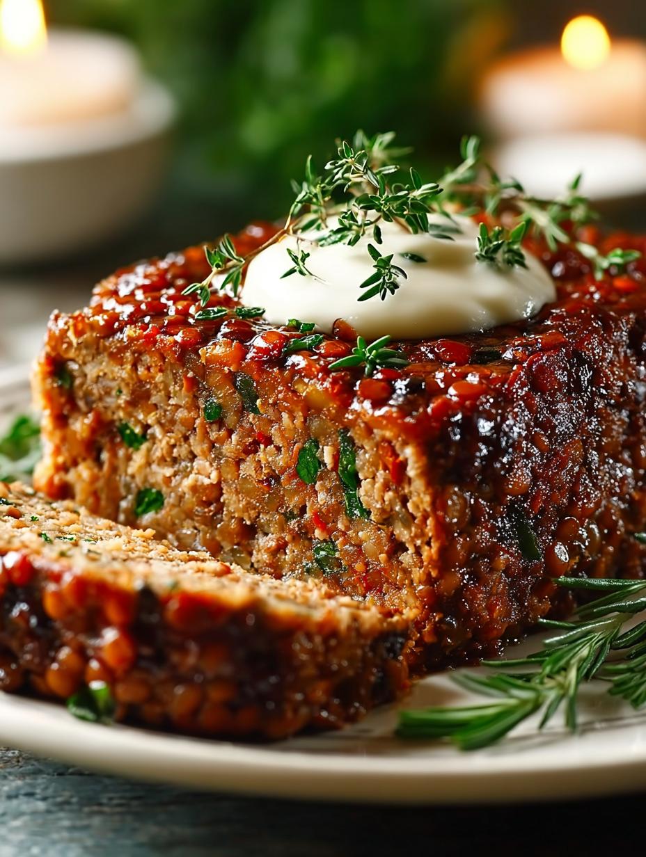 Verrukkelijk Linzengehaktbrood: Een perfect gesneden plak linzengehaktbrood met een glanzende glazuur, geserveerd met verse kruiden.