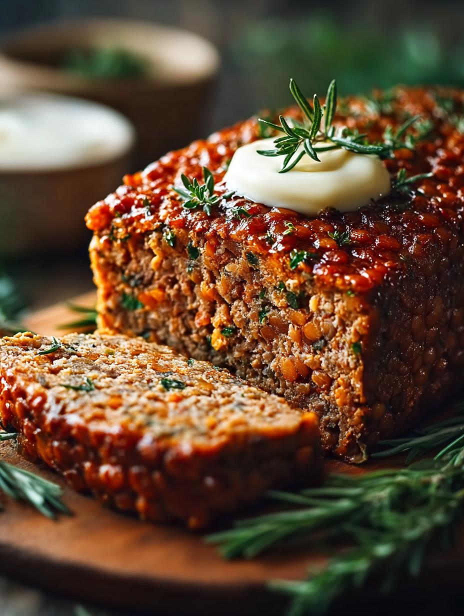 Linzengehaktbrood: Een heerlijk gebakken linzengehaktbrood met een glanzende glazuur, geserveerd op een snijplank, klaar om gesneden te worden.