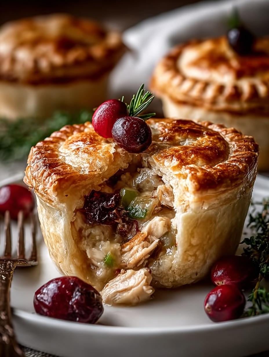 Mini Thanksgiving Turkey Cranberry: 4 Smakelijke Pot Pies 6 Close-up van een perfect gebakken Mini Thanksgiving Turkey Cranberry Pot Pie met gouden korst