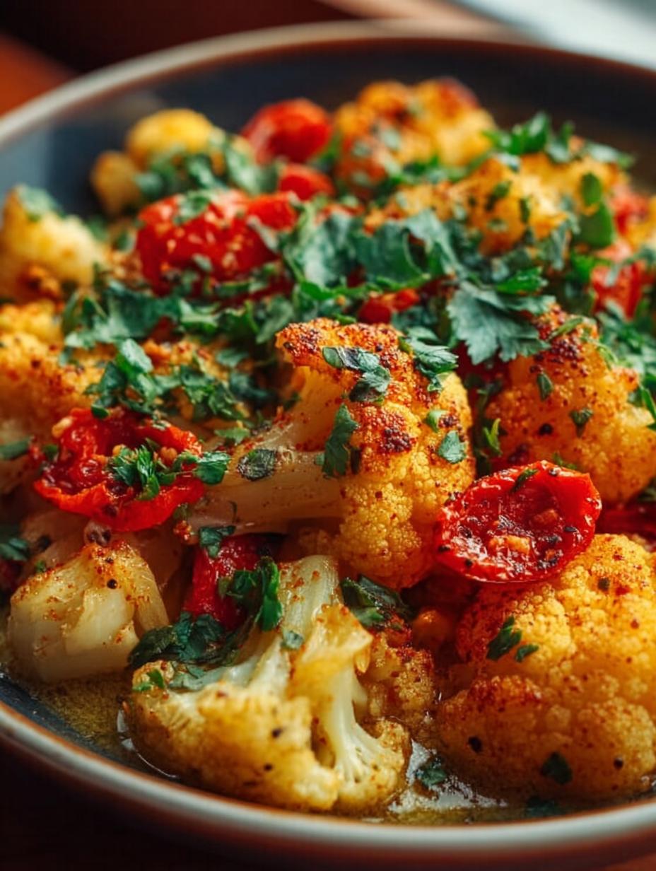 Verrukkelijke Ofen Blumenkohl Curry, vers uit de oven, rijk aan kruiden en romige kokosmelk, klaar om te serveren.