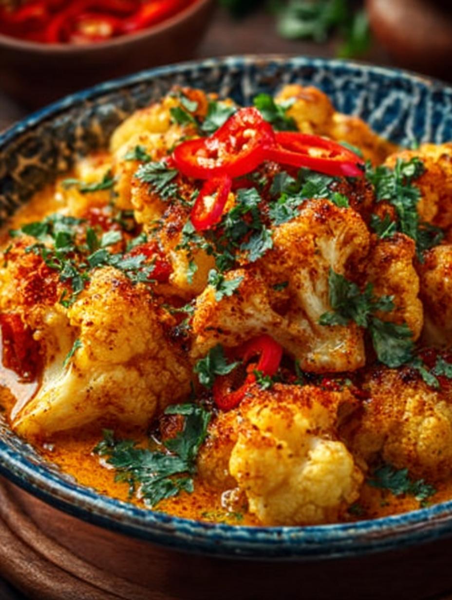 Geroosterde bloemkoolroosjes met een gouden korst, perfect gekruid voor een Ofen Blumenkohl Curry, klaar om gemengd te worden met de romige saus.