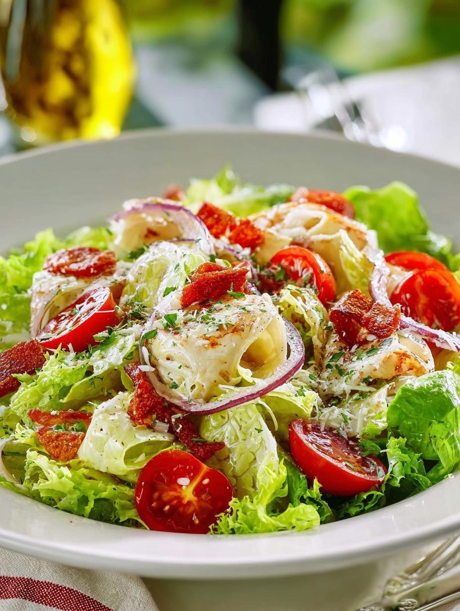 Pasta House Company Salade: 1 Geheim voor Epic Smaak - Een heerlijke, vers bereide Pasta House Company Salade met knapperige sla, rode ui, pimentos en artisjokharten, overgoten met een zesty vinaigrette, klaar om te serveren.