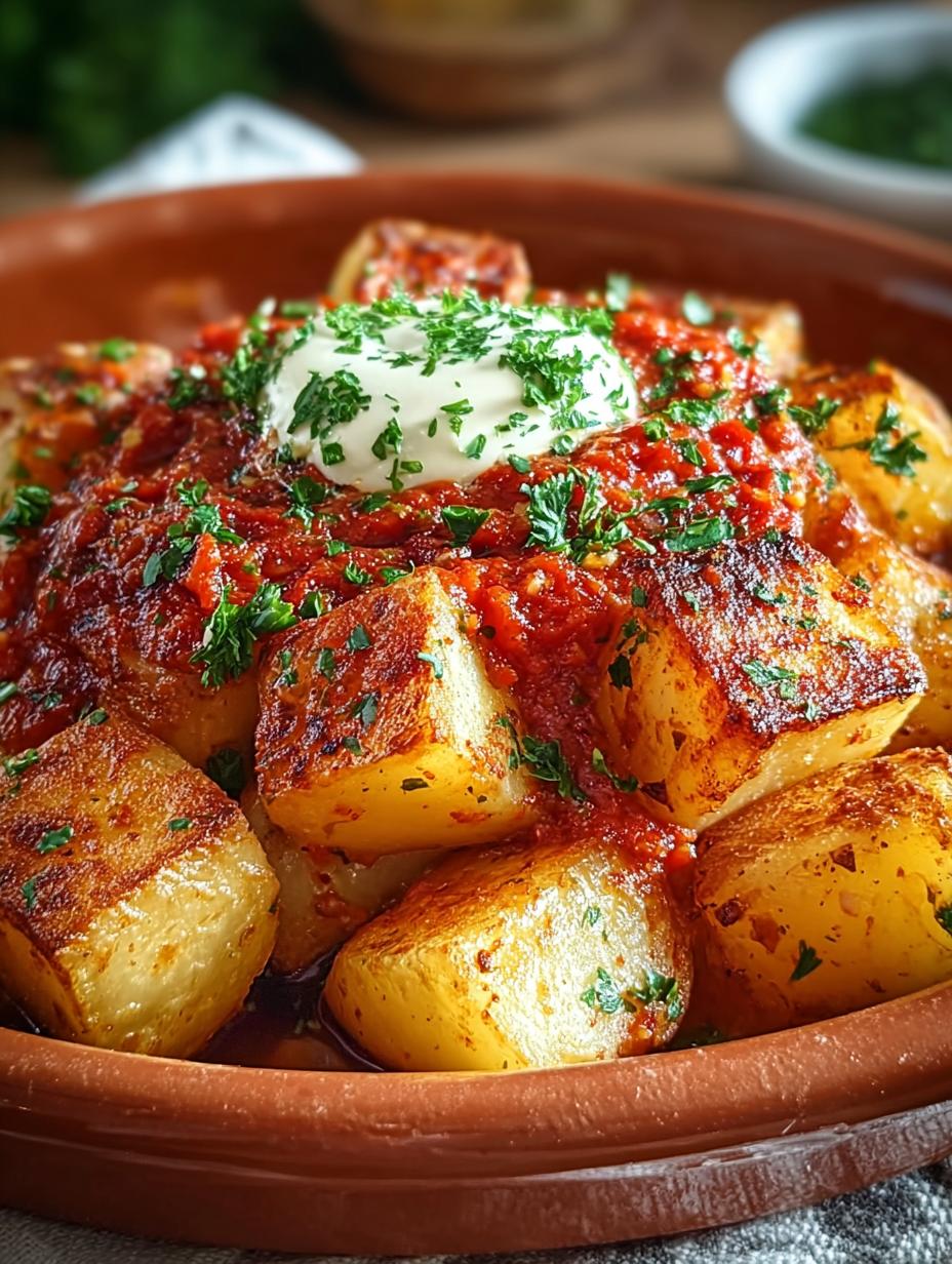 Heerlijke Patatas Bravas met knapperige aardappelen en pittige tomatensaus, klaar om te serveren