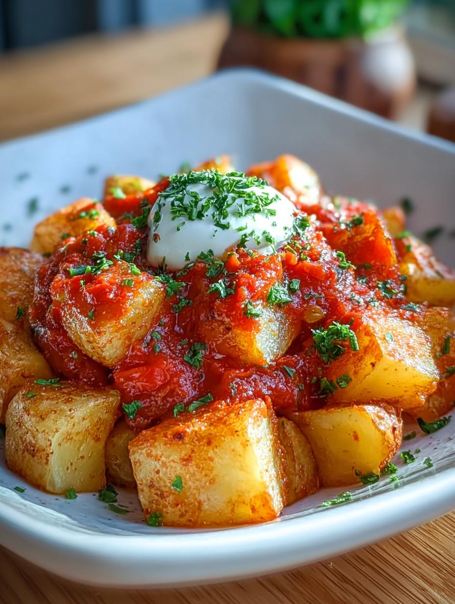 Close-up van perfect gebakken Patatas Bravas, goudbruin en knapperig, overgoten met een rijke saus