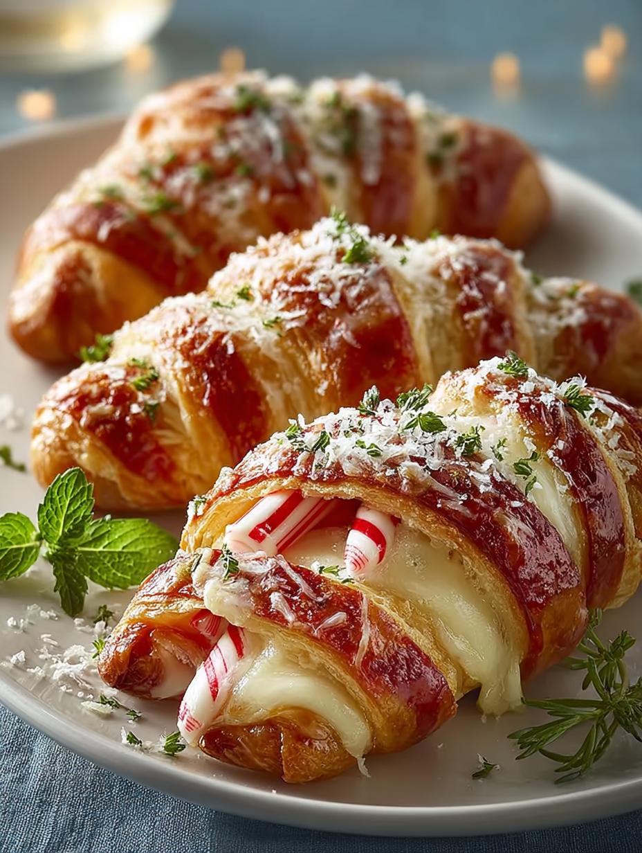 Heerlijke Pizza Candy Cane Crescent met gesmolten kaas en pepperoni, perfect voor de feestdagen