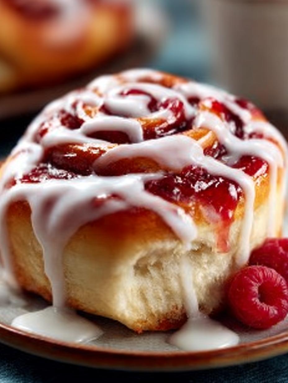 Close-up van een perfect gebakken Raspberry Cinnamon Roll met frambozenvulling en glazuur