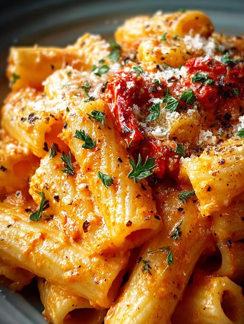 Waanzinnige Roasted Red Pepper Rigatoni in 30 Min. - Close-up van romige Roasted Red Pepper Rigatoni met verse basilicum