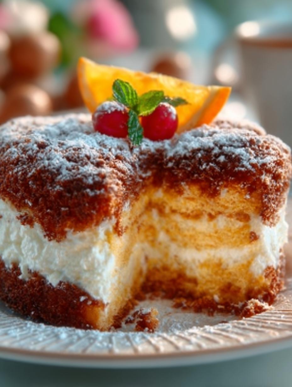 Close-up van een plak Russischer Milchmadchenkuchen Zubereitung Minuten met lagen en fruit